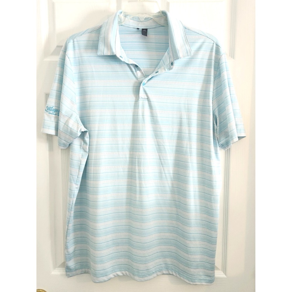 Village Greens Golf Club Polo Adidas Prime Green XL Blue Stripe Logo Golf Shirt